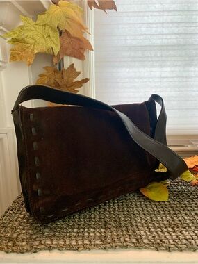 Nine West Vintage Y2K Brown SuedeShoulder Bag Hobo Whipstitch Edge Trim